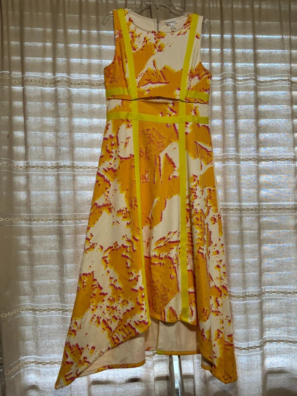 NWT Making The Cut Orange Yellow Print Abstract High Low Cutout Midi Dress M